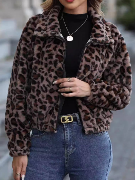 Leopard Collared Neck Zip Up Jacket