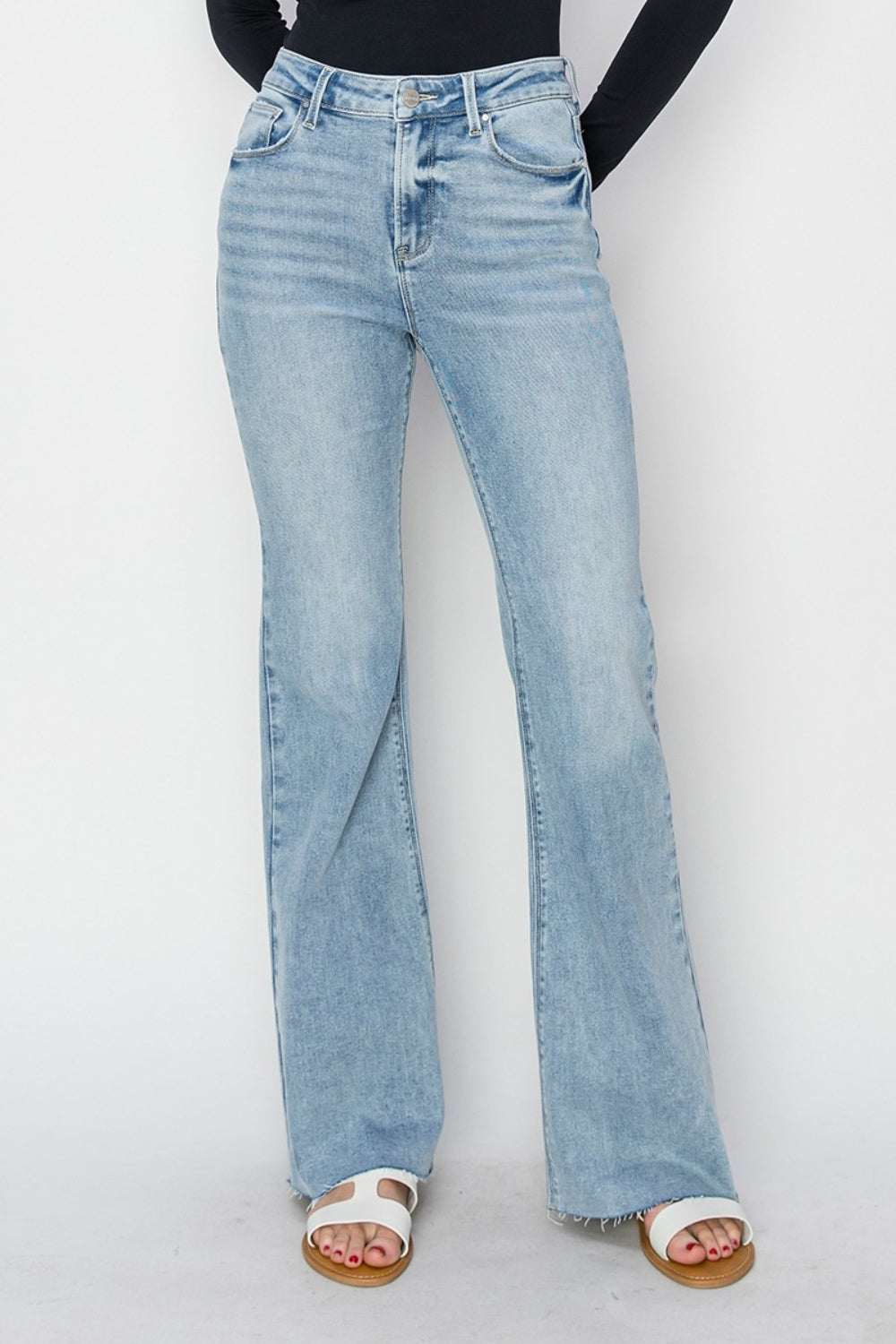 High Rise Raw Cut Hem Bootcut Jeans