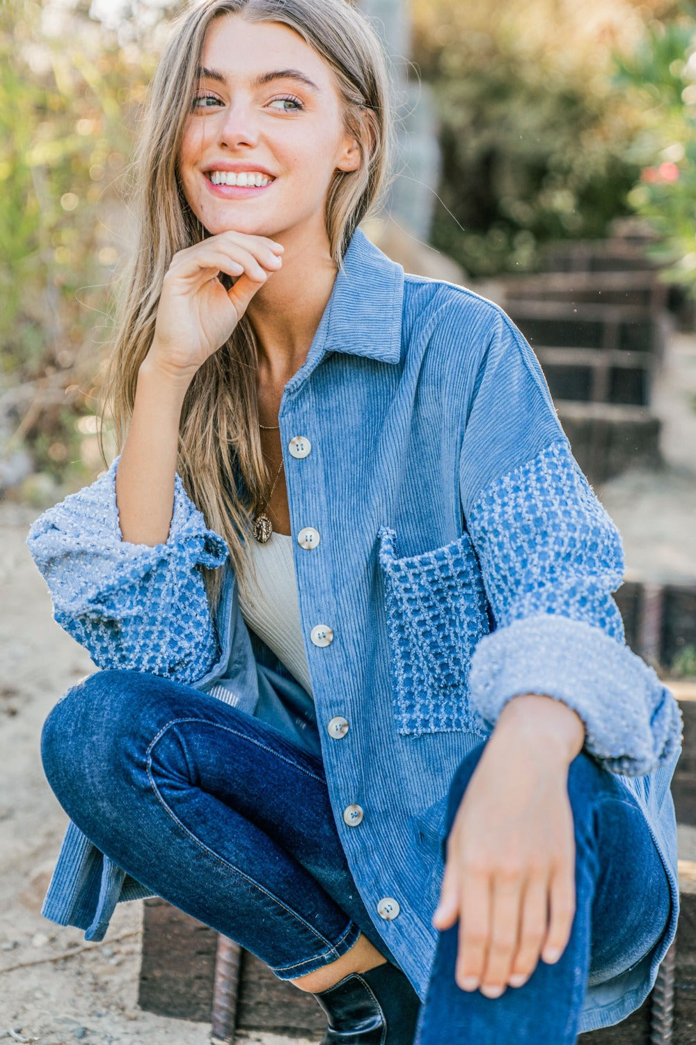 The Why Button Down Corduroy Contrast Texture Long Sleeve Shacket