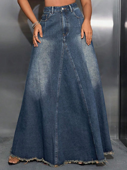 Raw Hem High Waist Denim Skirt w/ Pockets