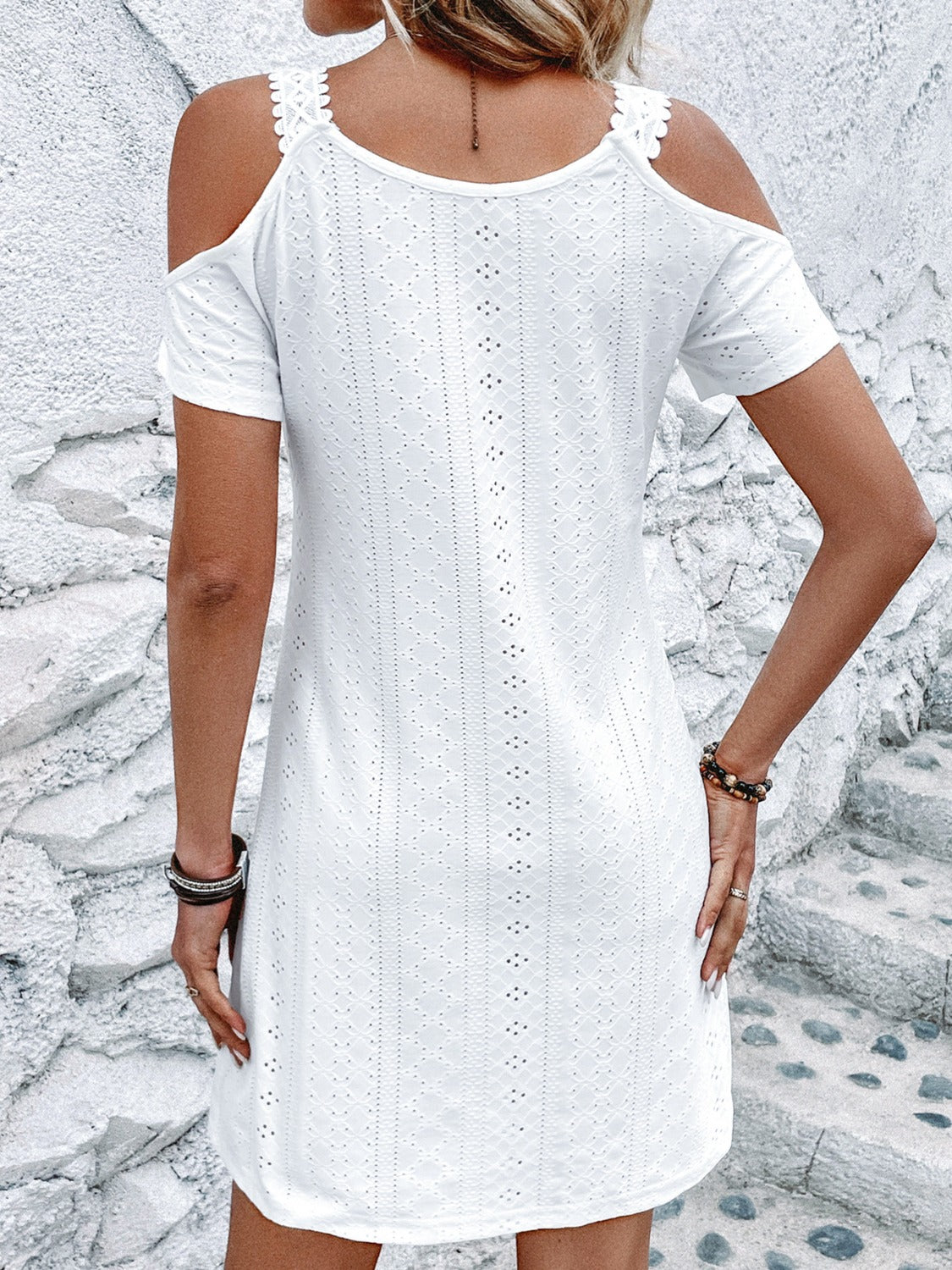 Eyelet Cold Shoulder Mini Dress